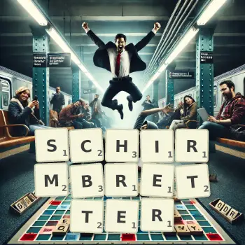 Kreative Illustration für ein Scrabble-Spiel, bei dem das Wort SCHIRMBRETTER mit Steinen auf dem Brett gelegt wurde.