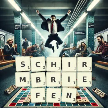 Kreative Illustration für ein Scrabble-Spiel, bei dem das Wort SCHIRMBRIEFEN mit Steinen auf dem Brett gelegt wurde.