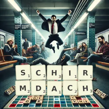 Kreative Illustration für ein Scrabble-Spiel, bei dem das Wort SCHIRMDACH mit Steinen auf dem Brett gelegt wurde.