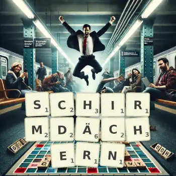Kreative Illustration für ein Scrabble-Spiel, bei dem das Wort SCHIRMDÄCHERN mit Steinen auf dem Brett gelegt wurde.
