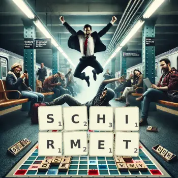 Kreative Illustration für ein Scrabble-Spiel, bei dem das Wort SCHIRMET mit Steinen auf dem Brett gelegt wurde.