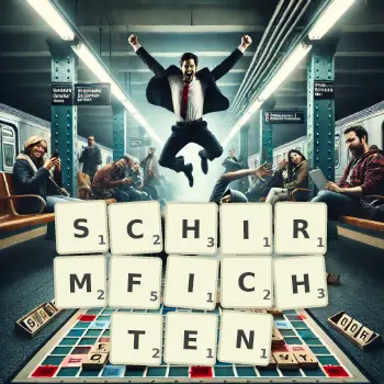 Kreative Illustration für ein Scrabble-Spiel, bei dem das Wort SCHIRMFICHTEN mit Steinen auf dem Brett gelegt wurde.