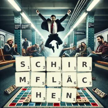 Kreative Illustration für ein Scrabble-Spiel, bei dem das Wort SCHIRMFLÄCHEN mit Steinen auf dem Brett gelegt wurde.
