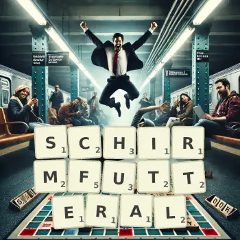 Kreative Illustration für ein Scrabble-Spiel, bei dem das Wort SCHIRMFUTTERAL mit Steinen auf dem Brett gelegt wurde.