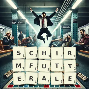 Kreative Illustration für ein Scrabble-Spiel, bei dem das Wort SCHIRMFUTTERALE mit Steinen auf dem Brett gelegt wurde.
