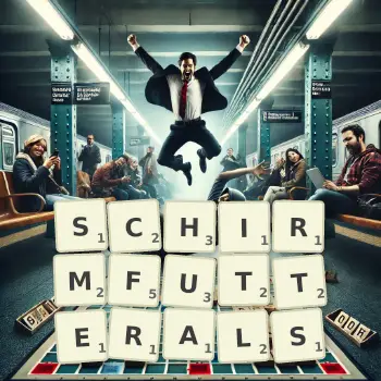 Kreative Illustration für ein Scrabble-Spiel, bei dem das Wort SCHIRMFUTTERALS mit Steinen auf dem Brett gelegt wurde.