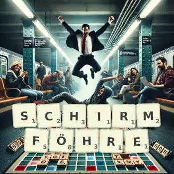 Kreative Illustration für ein Scrabble-Spiel, bei dem das Wort SCHIRMFÖHRE mit Steinen auf dem Brett gelegt wurde.