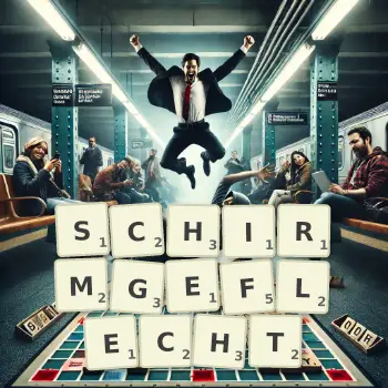 Kreative Illustration für ein Scrabble-Spiel, bei dem das Wort SCHIRMGEFLECHT mit Steinen auf dem Brett gelegt wurde.