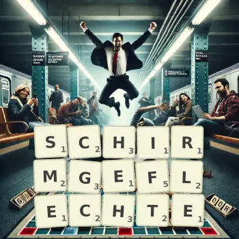 Kreative Illustration für ein Scrabble-Spiel, bei dem das Wort SCHIRMGEFLECHTE mit Steinen auf dem Brett gelegt wurde.