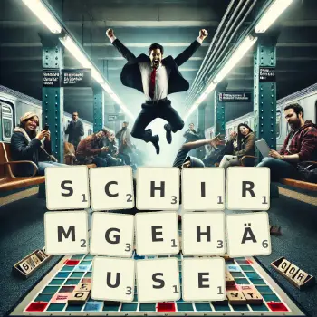 Kreative Illustration für ein Scrabble-Spiel, bei dem das Wort SCHIRMGEHÄUSE mit Steinen auf dem Brett gelegt wurde.