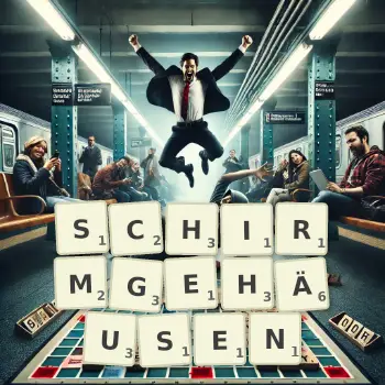 Kreative Illustration für ein Scrabble-Spiel, bei dem das Wort SCHIRMGEHÄUSEN mit Steinen auf dem Brett gelegt wurde.