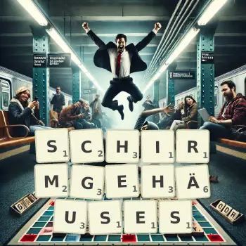 Kreative Illustration für ein Scrabble-Spiel, bei dem das Wort SCHIRMGEHÄUSES mit Steinen auf dem Brett gelegt wurde.