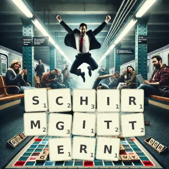 Kreative Illustration für ein Scrabble-Spiel, bei dem das Wort SCHIRMGITTERN mit Steinen auf dem Brett gelegt wurde.