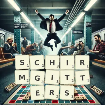Kreative Illustration für ein Scrabble-Spiel, bei dem das Wort SCHIRMGITTERS mit Steinen auf dem Brett gelegt wurde.