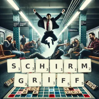 Kreative Illustration für ein Scrabble-Spiel, bei dem das Wort SCHIRMGRIFF mit Steinen auf dem Brett gelegt wurde.