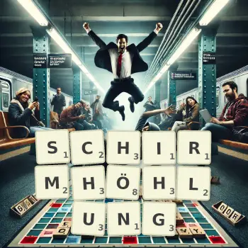 Kreative Illustration für ein Scrabble-Spiel, bei dem das Wort SCHIRMHÖHLUNG mit Steinen auf dem Brett gelegt wurde.