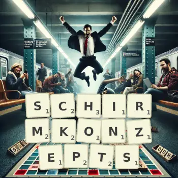 Kreative Illustration für ein Scrabble-Spiel, bei dem das Wort SCHIRMKONZEPTS mit Steinen auf dem Brett gelegt wurde.