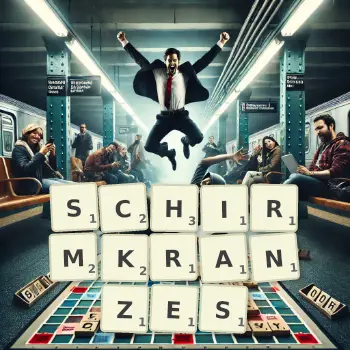 Kreative Illustration für ein Scrabble-Spiel, bei dem das Wort SCHIRMKRANZES mit Steinen auf dem Brett gelegt wurde.