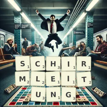 Kreative Illustration für ein Scrabble-Spiel, bei dem das Wort SCHIRMLEITUNG mit Steinen auf dem Brett gelegt wurde.