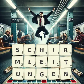 Kreative Illustration für ein Scrabble-Spiel, bei dem das Wort SCHIRMLEITUNGEN mit Steinen auf dem Brett gelegt wurde.
