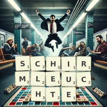 Kreative Illustration für ein Scrabble-Spiel, bei dem das Wort SCHIRMLEUCHTE mit Steinen auf dem Brett gelegt wurde.