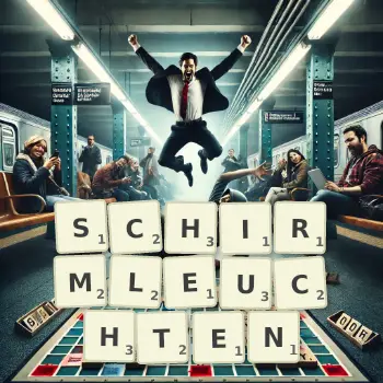 Kreative Illustration für ein Scrabble-Spiel, bei dem das Wort SCHIRMLEUCHTEN mit Steinen auf dem Brett gelegt wurde.