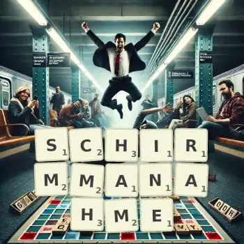 Kreative Illustration für ein Scrabble-Spiel, bei dem das Wort SCHIRMMANAHME mit Steinen auf dem Brett gelegt wurde.