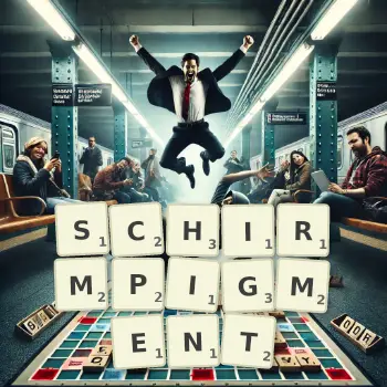 Kreative Illustration für ein Scrabble-Spiel, bei dem das Wort SCHIRMPIGMENT mit Steinen auf dem Brett gelegt wurde.