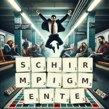 Kreative Illustration für ein Scrabble-Spiel, bei dem das Wort SCHIRMPIGMENTE mit Steinen auf dem Brett gelegt wurde.