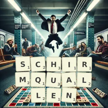 Kreative Illustration für ein Scrabble-Spiel, bei dem das Wort SCHIRMQUALLEN mit Steinen auf dem Brett gelegt wurde.