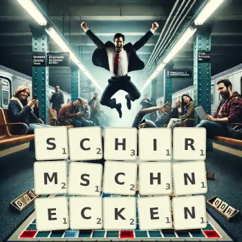 Kreative Illustration für ein Scrabble-Spiel, bei dem das Wort SCHIRMSCHNECKEN mit Steinen auf dem Brett gelegt wurde.