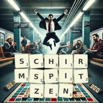 Kreative Illustration für ein Scrabble-Spiel, bei dem das Wort SCHIRMSPITZEN mit Steinen auf dem Brett gelegt wurde.