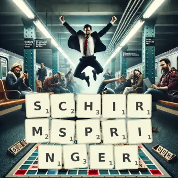 Kreative Illustration für ein Scrabble-Spiel, bei dem das Wort SCHIRMSPRINGER mit Steinen auf dem Brett gelegt wurde.