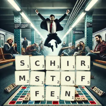 Kreative Illustration für ein Scrabble-Spiel, bei dem das Wort SCHIRMSTOFFEN mit Steinen auf dem Brett gelegt wurde.