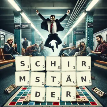 Kreative Illustration für ein Scrabble-Spiel, bei dem das Wort SCHIRMSTÄNDER mit Steinen auf dem Brett gelegt wurde.