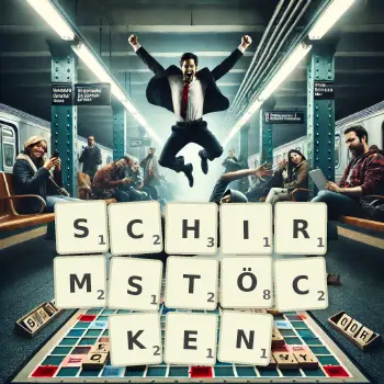 Kreative Illustration für ein Scrabble-Spiel, bei dem das Wort SCHIRMSTÖCKEN mit Steinen auf dem Brett gelegt wurde.