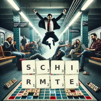 Kreative Illustration für ein Scrabble-Spiel, bei dem das Wort SCHIRMTE mit Steinen auf dem Brett gelegt wurde.
