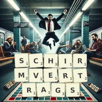 Kreative Illustration für ein Scrabble-Spiel, bei dem das Wort SCHIRMVERTRAGS mit Steinen auf dem Brett gelegt wurde.