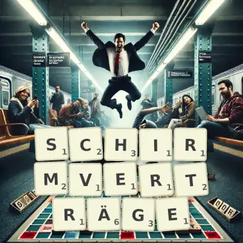 Kreative Illustration für ein Scrabble-Spiel, bei dem das Wort SCHIRMVERTRÄGE mit Steinen auf dem Brett gelegt wurde.