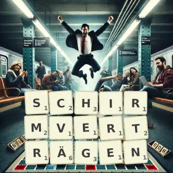 Kreative Illustration für ein Scrabble-Spiel, bei dem das Wort SCHIRMVERTRÄGEN mit Steinen auf dem Brett gelegt wurde.