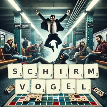 Kreative Illustration für ein Scrabble-Spiel, bei dem das Wort SCHIRMVOGEL mit Steinen auf dem Brett gelegt wurde.