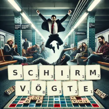 Kreative Illustration für ein Scrabble-Spiel, bei dem das Wort SCHIRMVÖGTE mit Steinen auf dem Brett gelegt wurde.