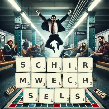 Kreative Illustration für ein Scrabble-Spiel, bei dem das Wort SCHIRMWECHSELS mit Steinen auf dem Brett gelegt wurde.