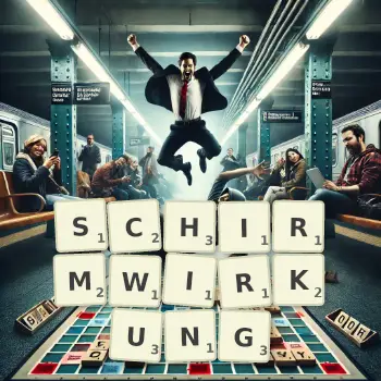 Kreative Illustration für ein Scrabble-Spiel, bei dem das Wort SCHIRMWIRKUNG mit Steinen auf dem Brett gelegt wurde.