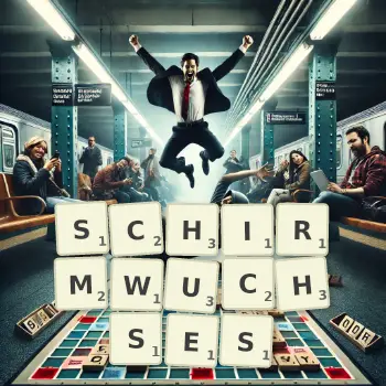 Kreative Illustration für ein Scrabble-Spiel, bei dem das Wort SCHIRMWUCHSES mit Steinen auf dem Brett gelegt wurde.