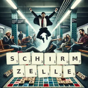 Kreative Illustration für ein Scrabble-Spiel, bei dem das Wort SCHIRMZELLE mit Steinen auf dem Brett gelegt wurde.