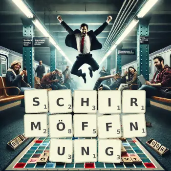 Kreative Illustration für ein Scrabble-Spiel, bei dem das Wort SCHIRMÖFFNUNG mit Steinen auf dem Brett gelegt wurde.