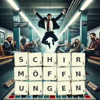 Kreative Illustration für ein Scrabble-Spiel, bei dem das Wort SCHIRMÖFFNUNGEN mit Steinen auf dem Brett gelegt wurde.