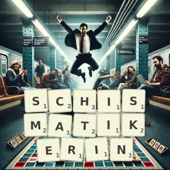 Kreative Illustration für ein Scrabble-Spiel, bei dem das Wort SCHISMATIKERIN mit Steinen auf dem Brett gelegt wurde.