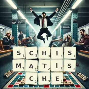 Kreative Illustration für ein Scrabble-Spiel, bei dem das Wort SCHISMATISCHE mit Steinen auf dem Brett gelegt wurde.